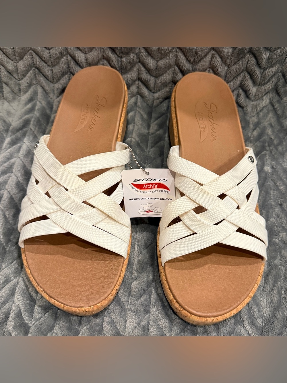 Skechers White Elastic-Strap Cork Wedge Sandals - Picture 2 of 6